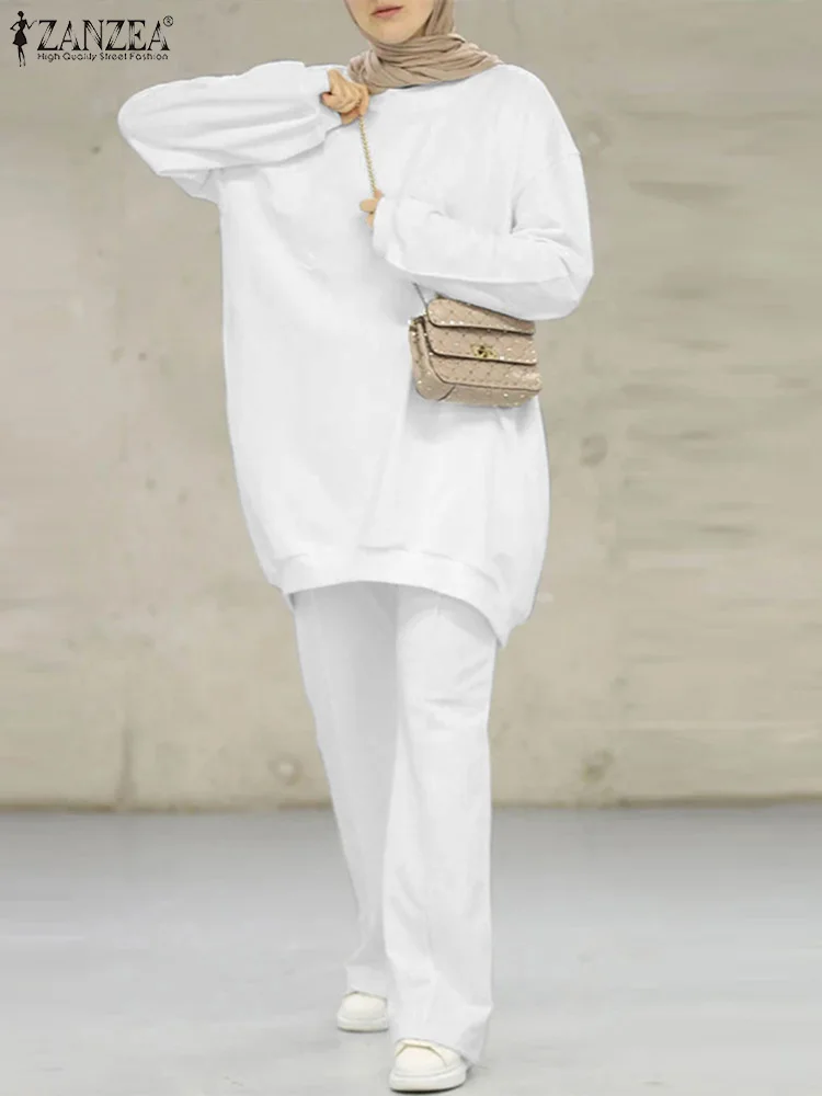 

ZANZEA Muslim Abayas Woman kaftan Islamic Solid Sets Elegant Elastic Waist Holiday Pant Oversized Long Sleeved O-Neck Blouse