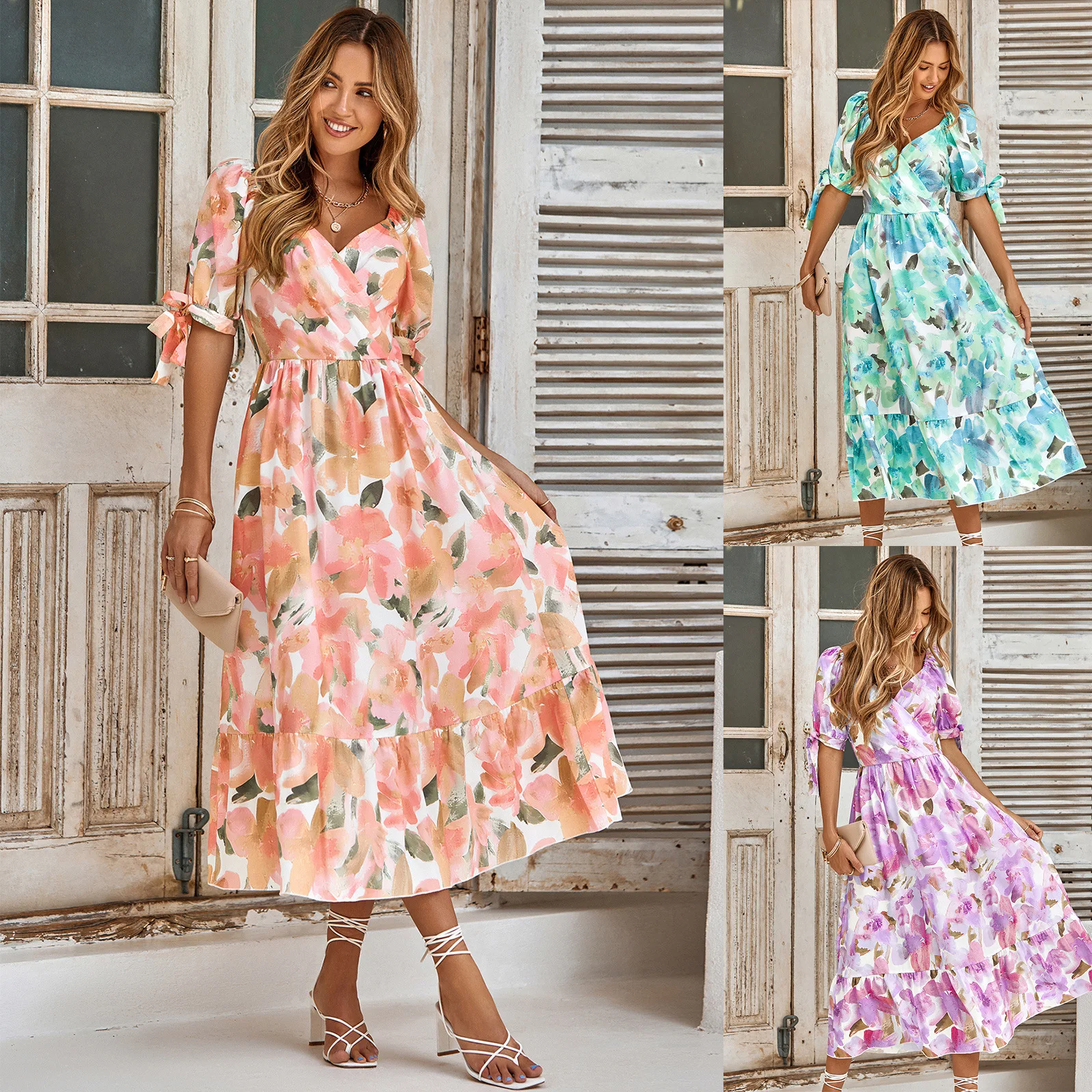 

2023 Women Summer High Waisted V-neck Printed Dress with Ethnic Fashion Temperament Style Long Dess