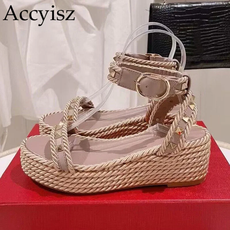 

New Women's Straw Braided flat platform Wedge High Heels Sandals Summer Buckle Rivets Decor Holiday Shoes 2023 Party Dress shoes