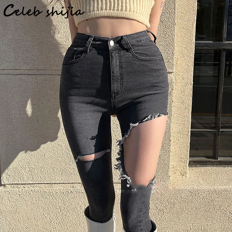 

Chic Ripped Jeans Women 2022 High Waisted Vintage Bottoms Women Elastic Denim Streetwear Korean Fashion Pencil Jeans