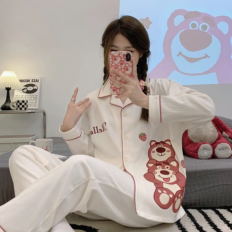Spring New Sleepwear Ladies Cardigan Pajamas Women Cotton Girls Pajama Suits Lapel Loose Long-sleeved Pants Casual Home Wear Set
