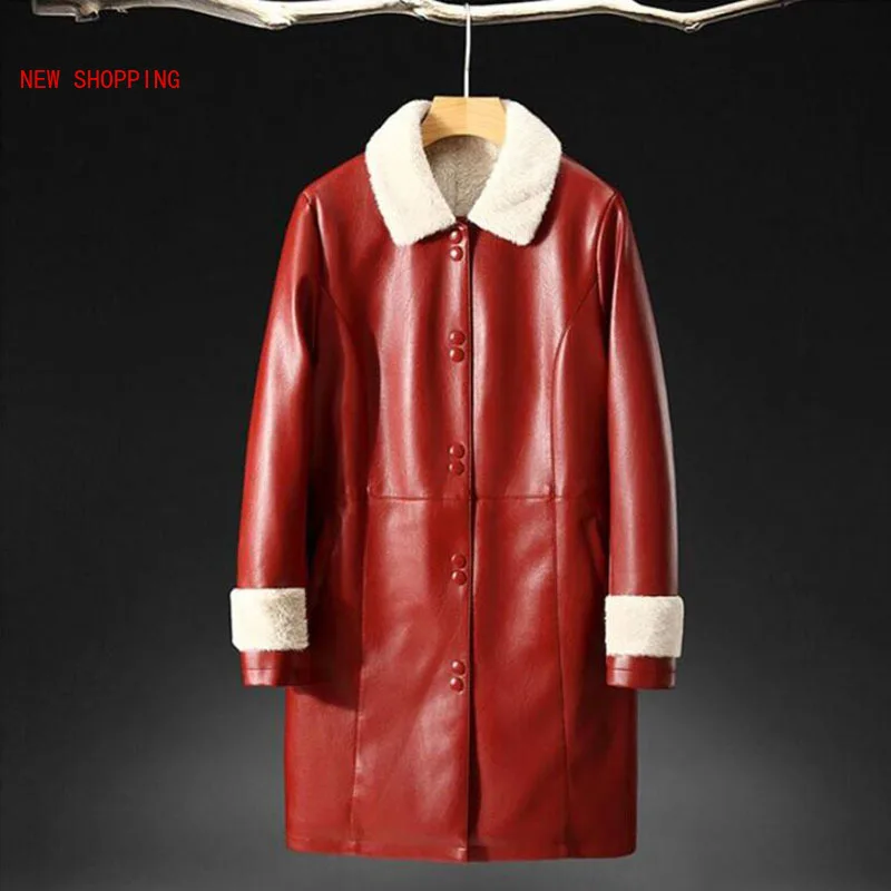 Winter Coats Long Leather Jackets Women Fur Collar PU Leather Parkas Womans Plus Velvet Motorcycle Jacket 5XL Red Xmas Outerwear