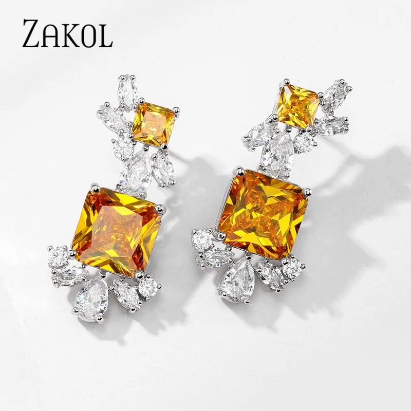 

ZAKOL Trendy Geometric Big Suqare Yellow Cubic Zircon Crystal Dangle Earrings for Women Bridal Jewelry Aretes De Mujer Modernos