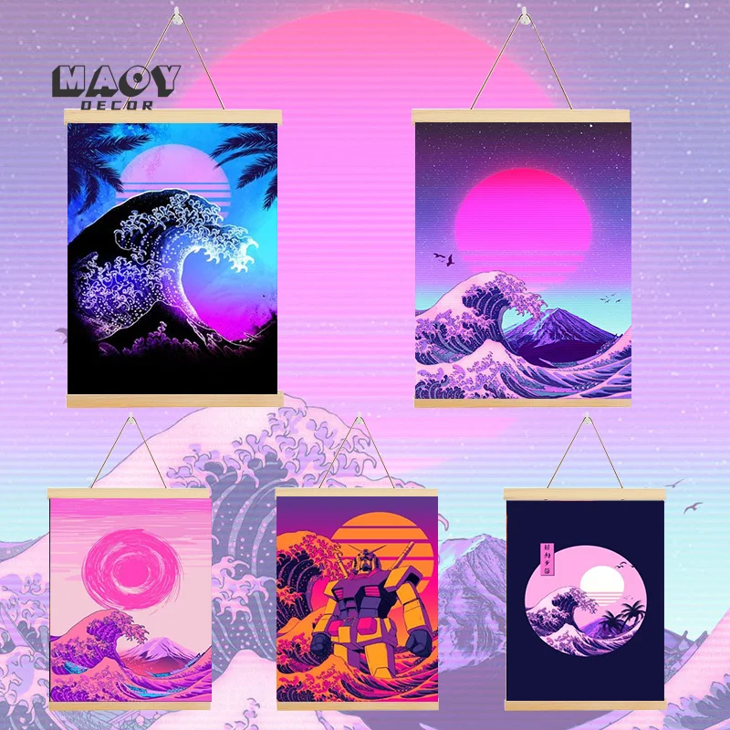 

Neon Giant Wave Kanagawa Night Frame Poster Van Gogh Canvas Painting Gundam Wall Art Print Picture Room Wall Decoration Painting