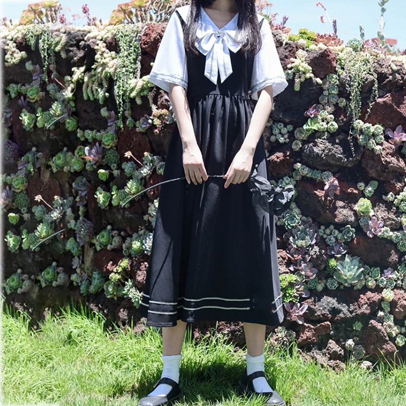 

Японское платье JK в стиле преппи для женщин и студенток Y2K, черное милое летнее платье с бантом и матросским воротником и коротким рукавом, н...