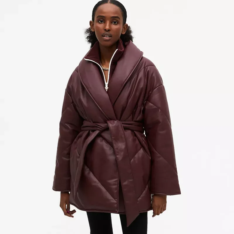 NEW2022 Autumn Winter Parkas Women Fashion Loose Solid PU Leather Coats Women Elegant Tie Belt Cotton Jackets Female Ladies