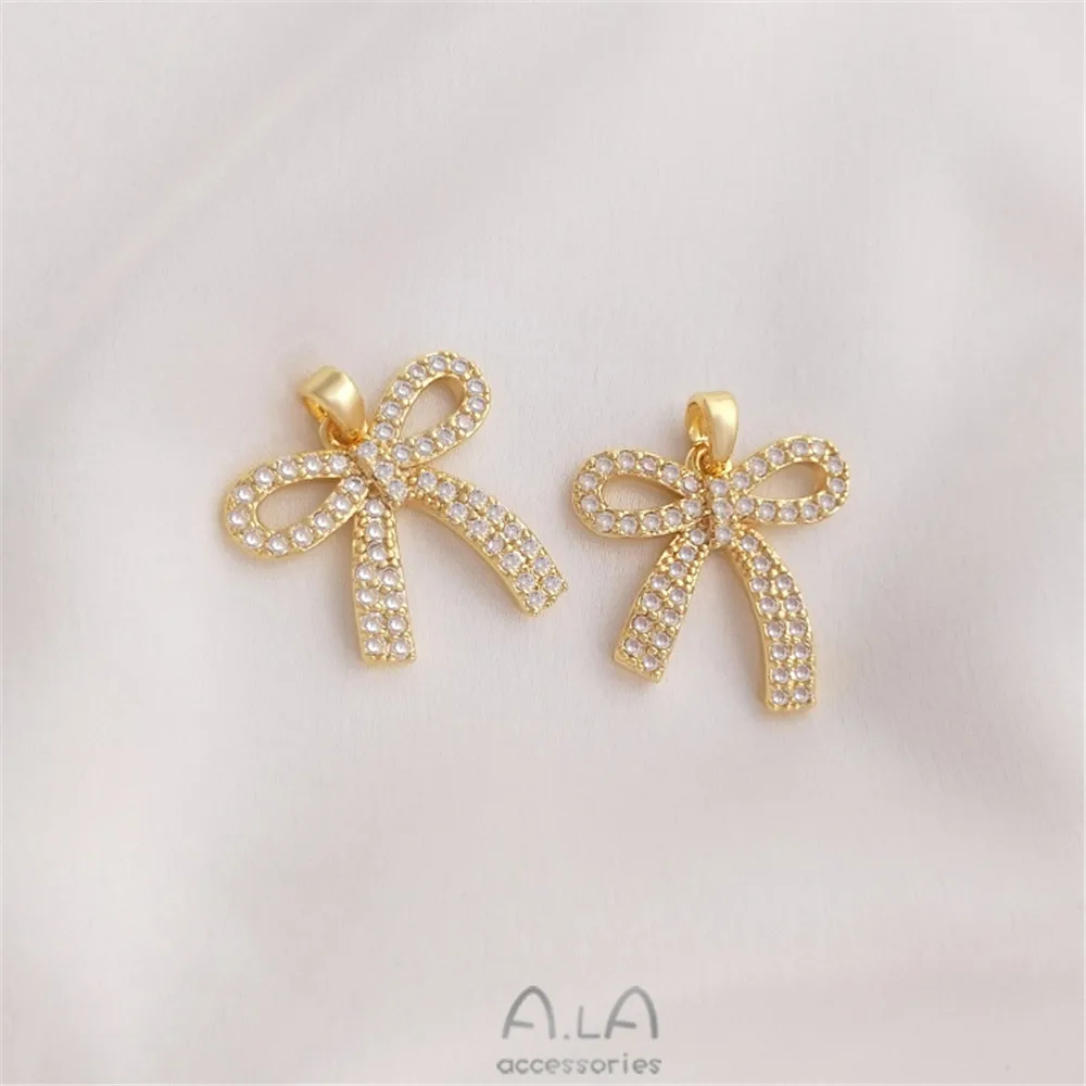 

Micro inlaid zircon Large Bow Necklace Pendant 18K copper wrapped real gold color preserving DIY jewelry sweater chain pendant