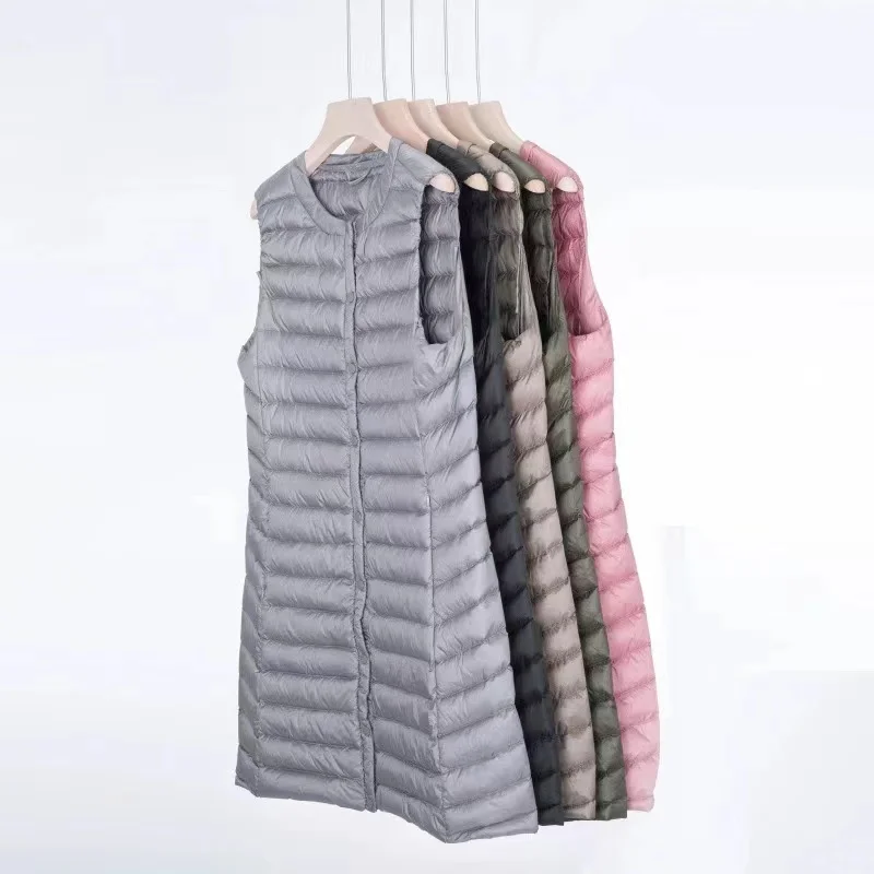 Ultralight Portable Puffer Vest Women Long Collarless 2023 New Autumn Winter Duck Down Waistcoat Sleeveless Button Feather Liner