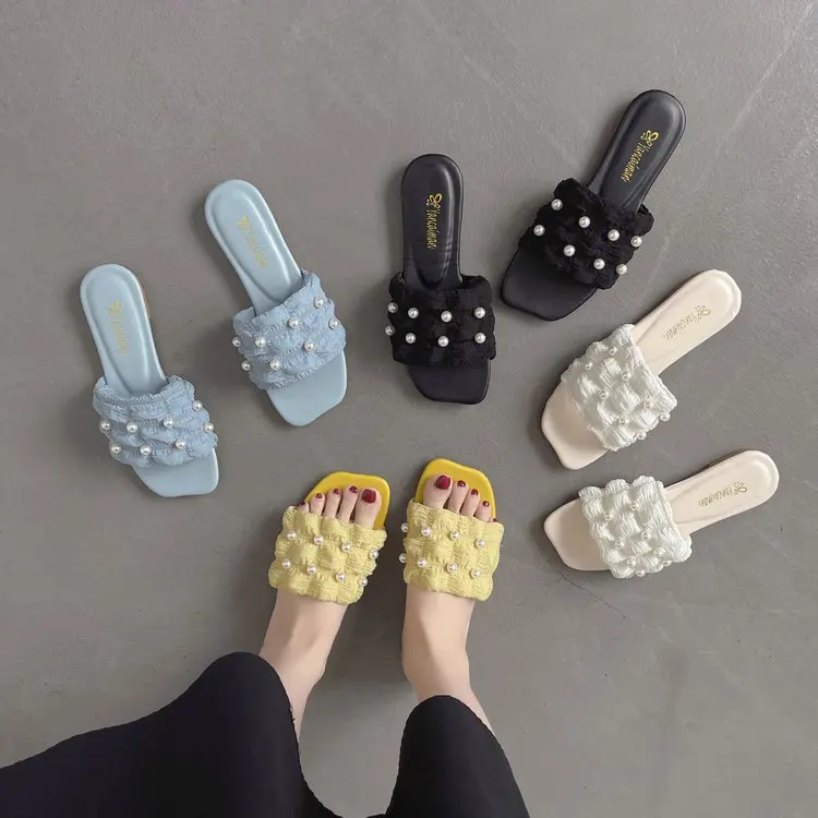 

Low Flat Shoes Female Rubber Slippers Slides Slipers Women String Bead 2022 PU Rome Basic Sweet Fabric Hoof Heels Rubber Slipper