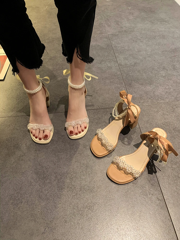 Clear Heels Party Sandals Woman 2023 Cross Buckle Strap Female Shoe Med Cross-Shoes High Girls  Medium Fashion Summer Block Bow images - 6
