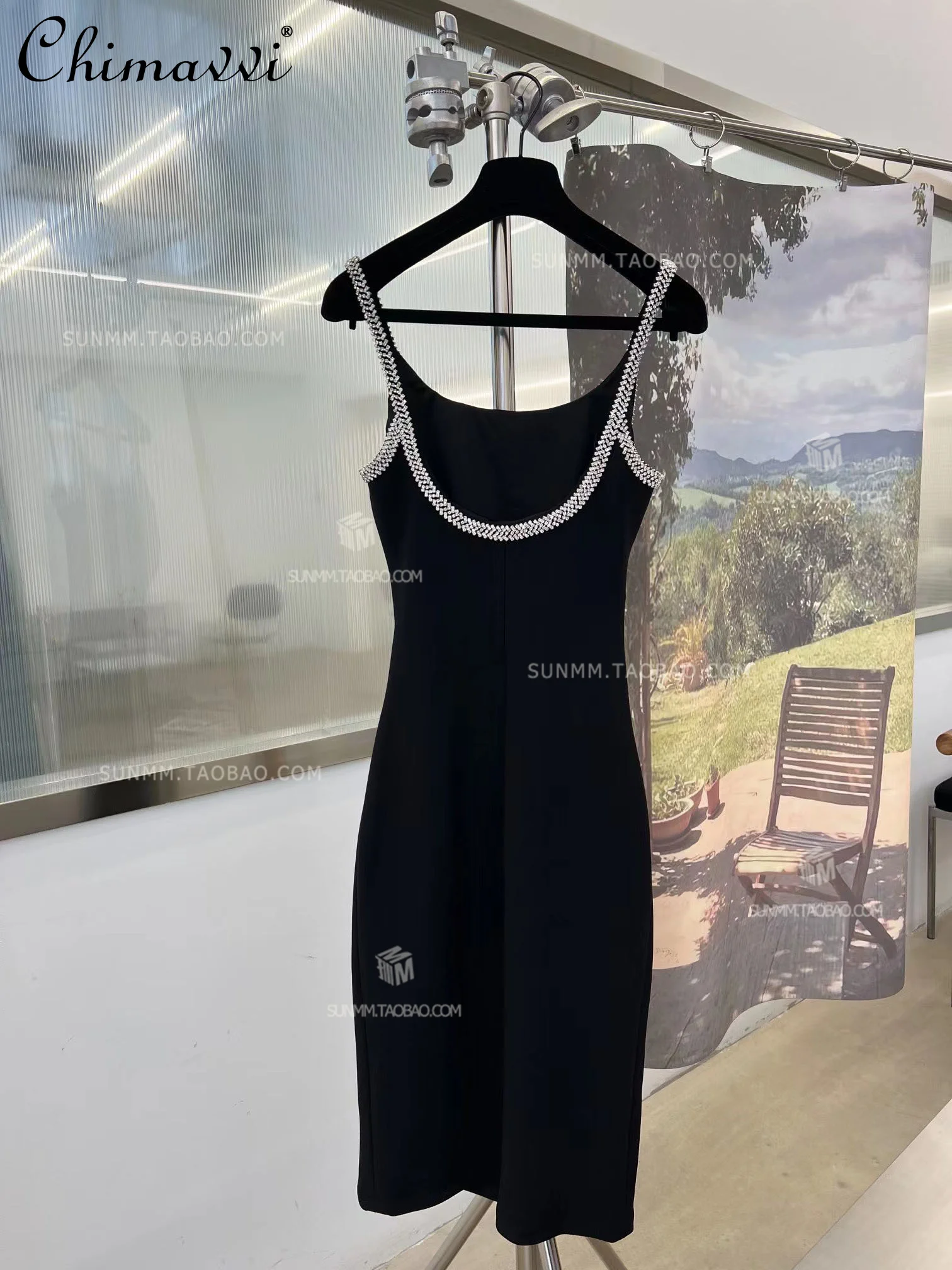 

2022 Summer New Black Rhinestone Slim fit Camisole Dress Women's Fashion Sexy Backless Short Dress for Female