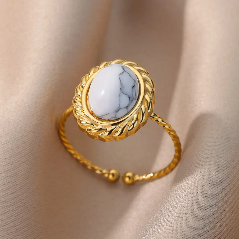 

Stainless Steel Spiral Twist Oval Stone Rings For Women Gold Plated Open Adjustable Finger Ring Wedding Aesthetic Jewelry Gift
