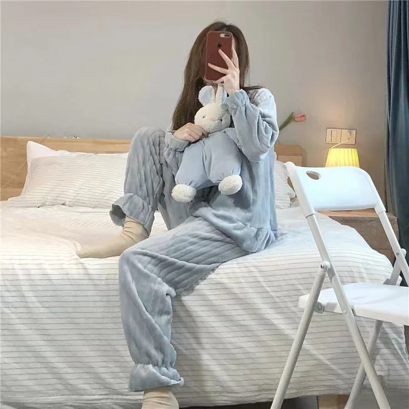 Coral Fleece Pajamas Set Women 2 Piece/Set Sweet Cute Long Sleeve Trousers Female Sleepwear Homewear Pijama Suit