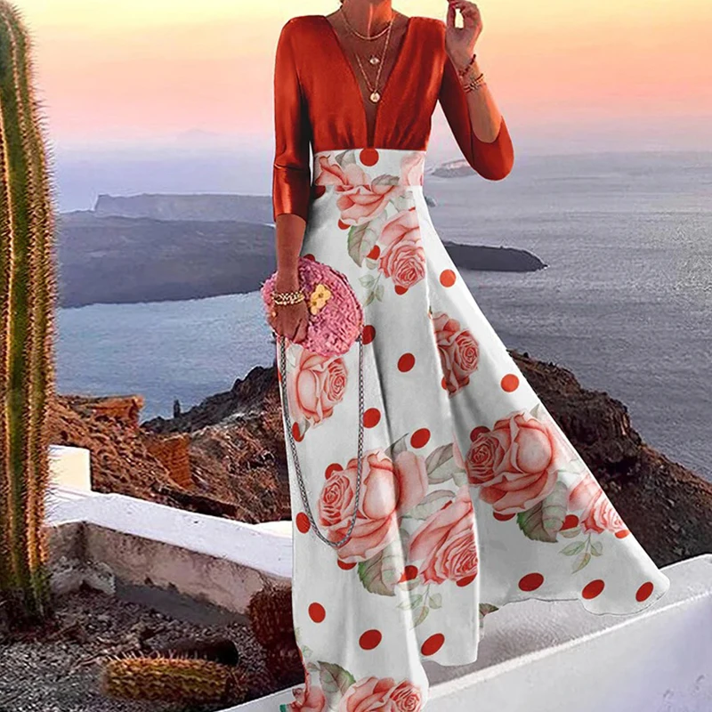 

Casual Deep V Print Stitching Long Sleeve Dress Fashion Women High Waist Evening Party Dress Dignified Gentle Lady Maxi Dresses