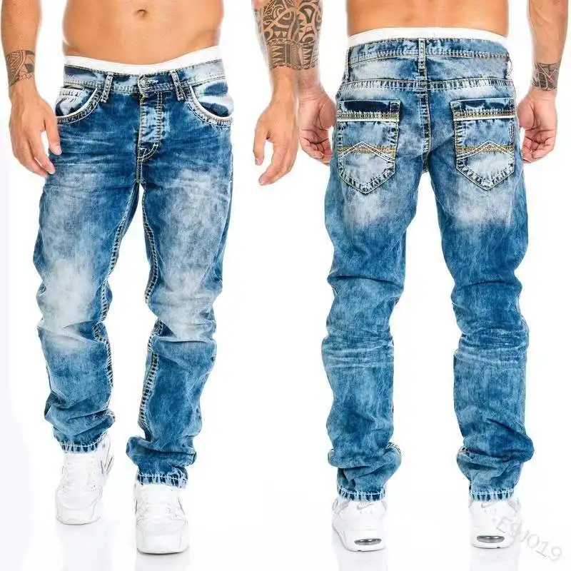 

Straight Jeans for Men Streetwear Cacual retro Washed Stretch Double Stitching Long Denim Pants Hip Hop Slim Fit Punk Trousers