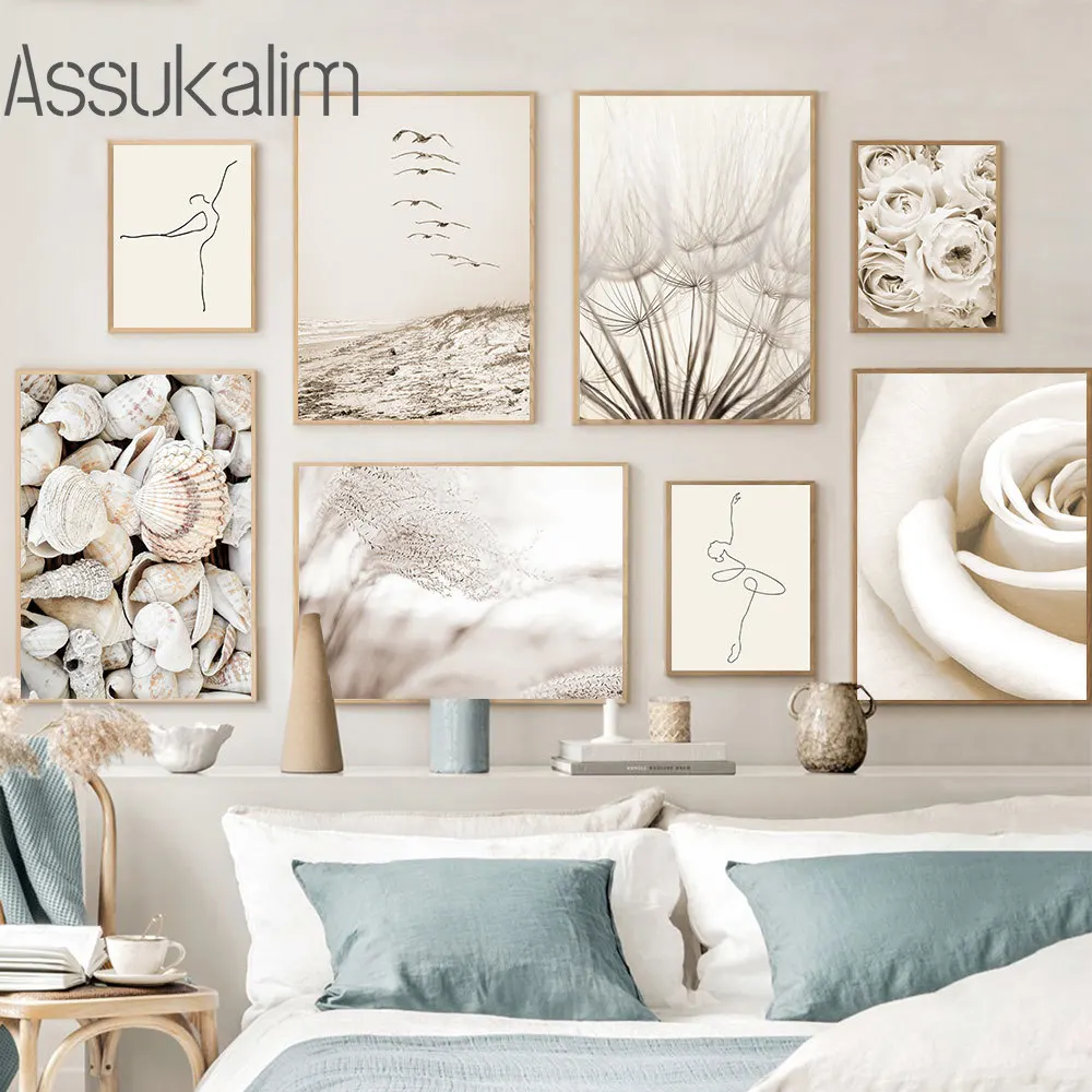 

Beige Landscape Art Posters Blooming Flower Poster Shell Canvas Painting Dandelion Art Print Seagull Wall Pictures Home Decor