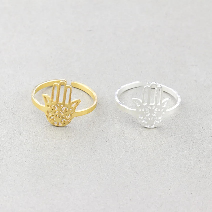 

TULX Stainless Steel Hamsa Fatima's Hand Rings For Women Girls Adjustable Gold Color Amulet Talisman Jewelry Wholesale