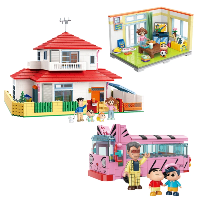 

Classic Anime Cartoon Crayon Shin-chan Street View Blocks House Cat Bus Xiaoxin's Room Building Bricks Sets Movie Kids Toys Gift