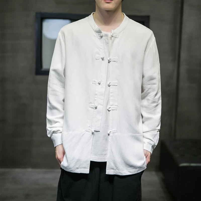 

2022 Men Linen Shirts Men Spring Chinese Style Long Sleeve Retro Buttoned Shirt Male Solid Color Stand-up Collar White Shirt 4XL