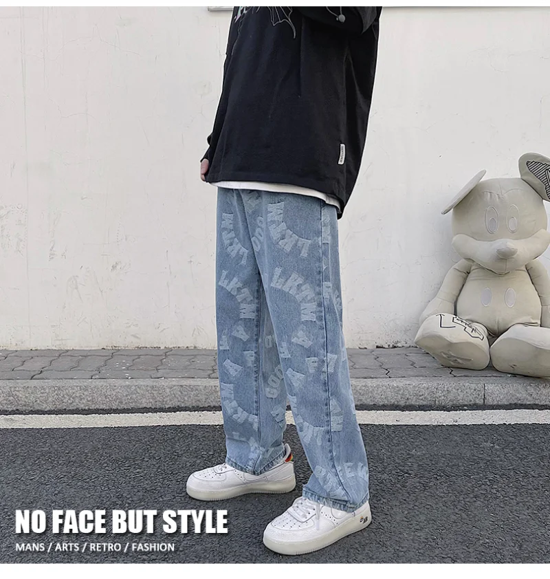 New Spring and Summer Jeans Blue Men's Loose Straight Pants  Street Clothes Loose Denim Clothes Pattern Street Clothes Oversize