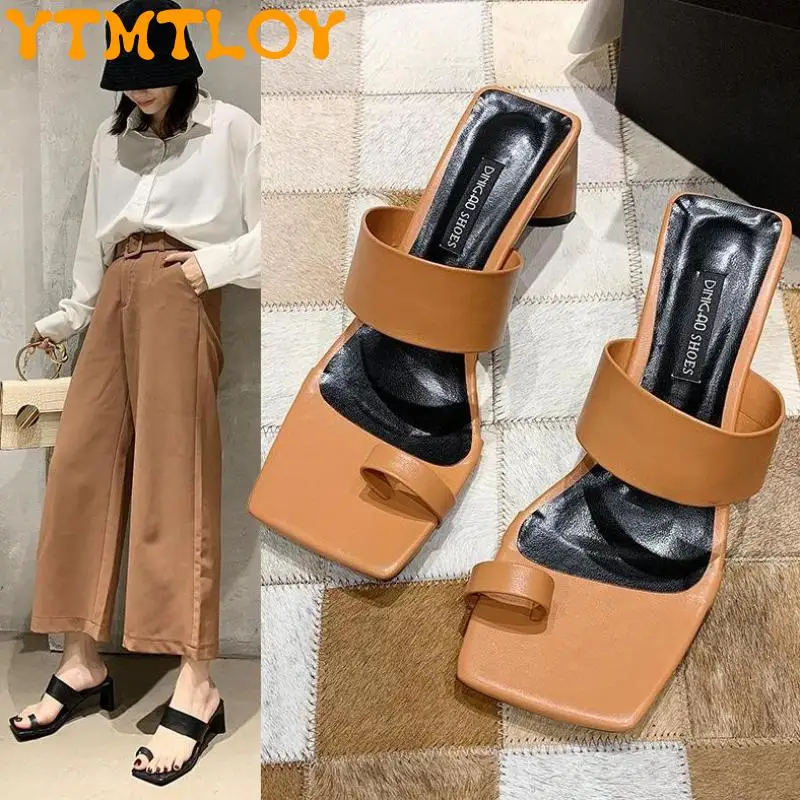 

2021 New Fashion Slippers Female Summer Square Toe Open Fairy Net Red All-match Sandals