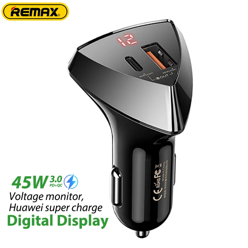 

Remax Alien 1A1C 45W PD+QC Fast Charging Car Charger For iPhone/Samsung/Huawei/Xiaomi Led Display Smart Chip Output