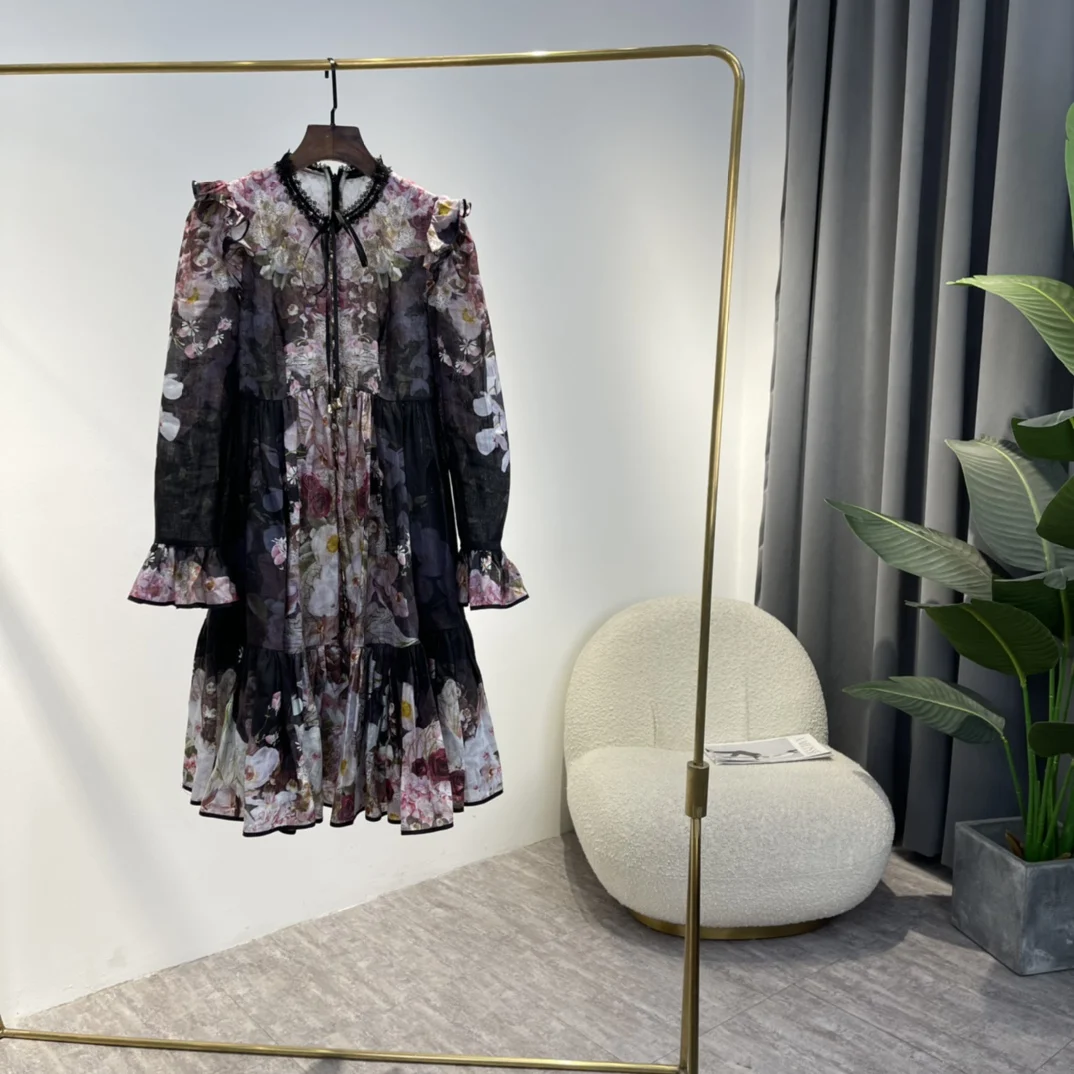 

Sweet Style 2022 Spring New Top Quality Linen Floral Print Frill Ruffle Puff Flare Sleeve Bow Neck Button Woman Mini Black Dress