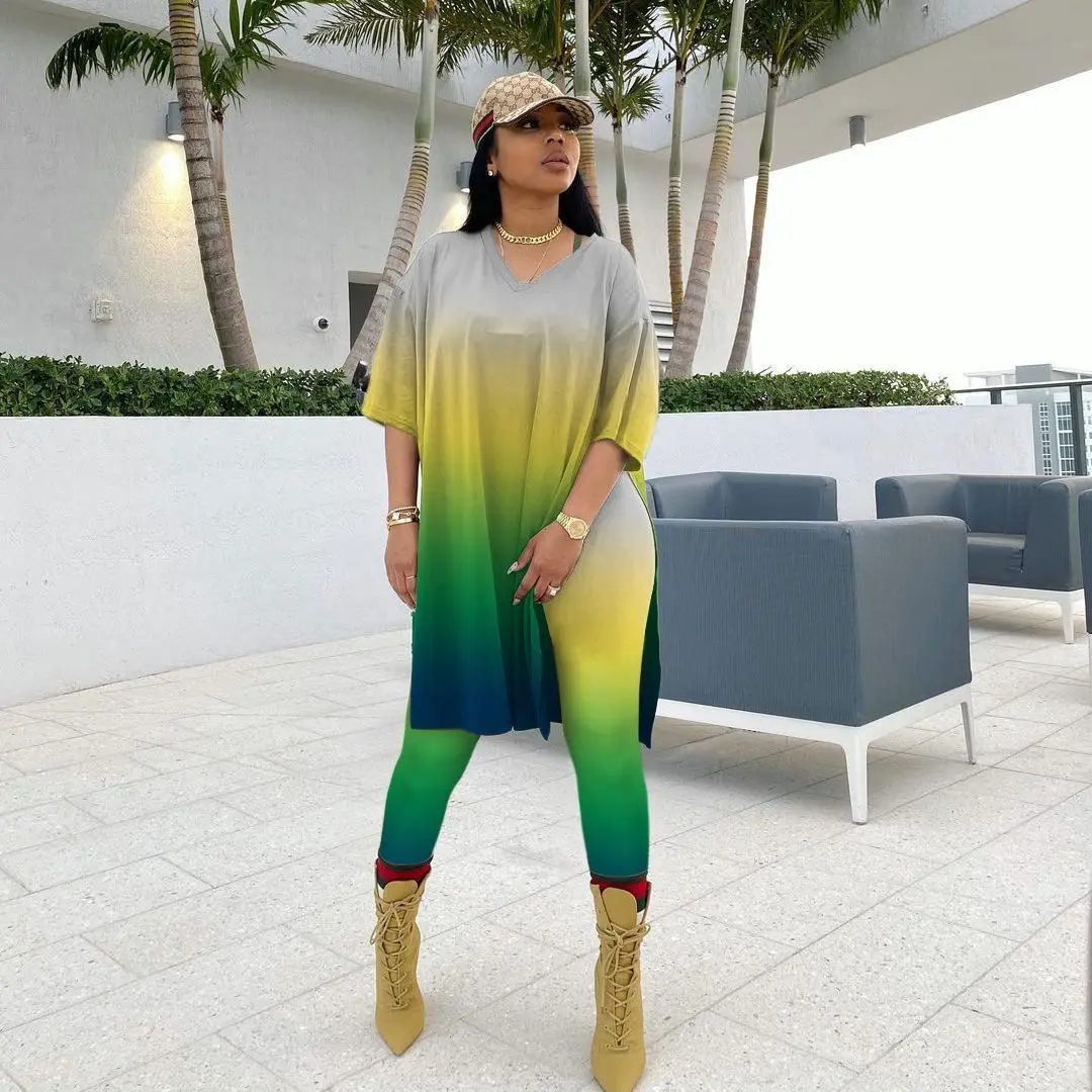 Plus Size Matching Set Tie Dye Long Shirt Top And Pant Female Casual Outfit Luxury Fashion Cloth 2023 Summer Women Two Piece Set