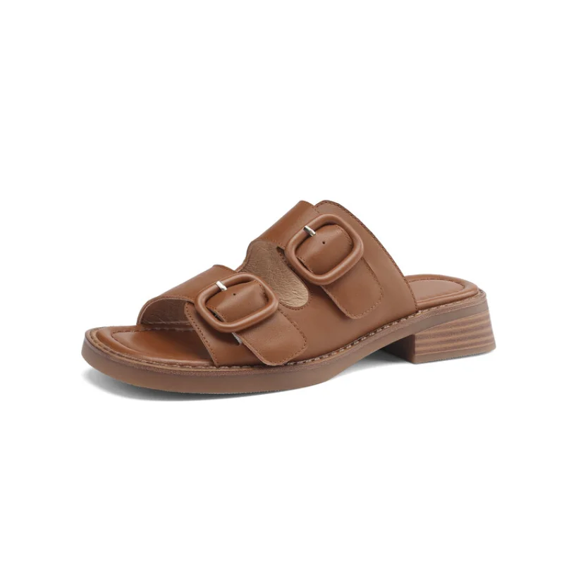 High-grade French Retro Style Leather Soft Sole Belt Buckle Slippers Female Summer Wear Fashion 2023 New Flip-flops34-43  L1260