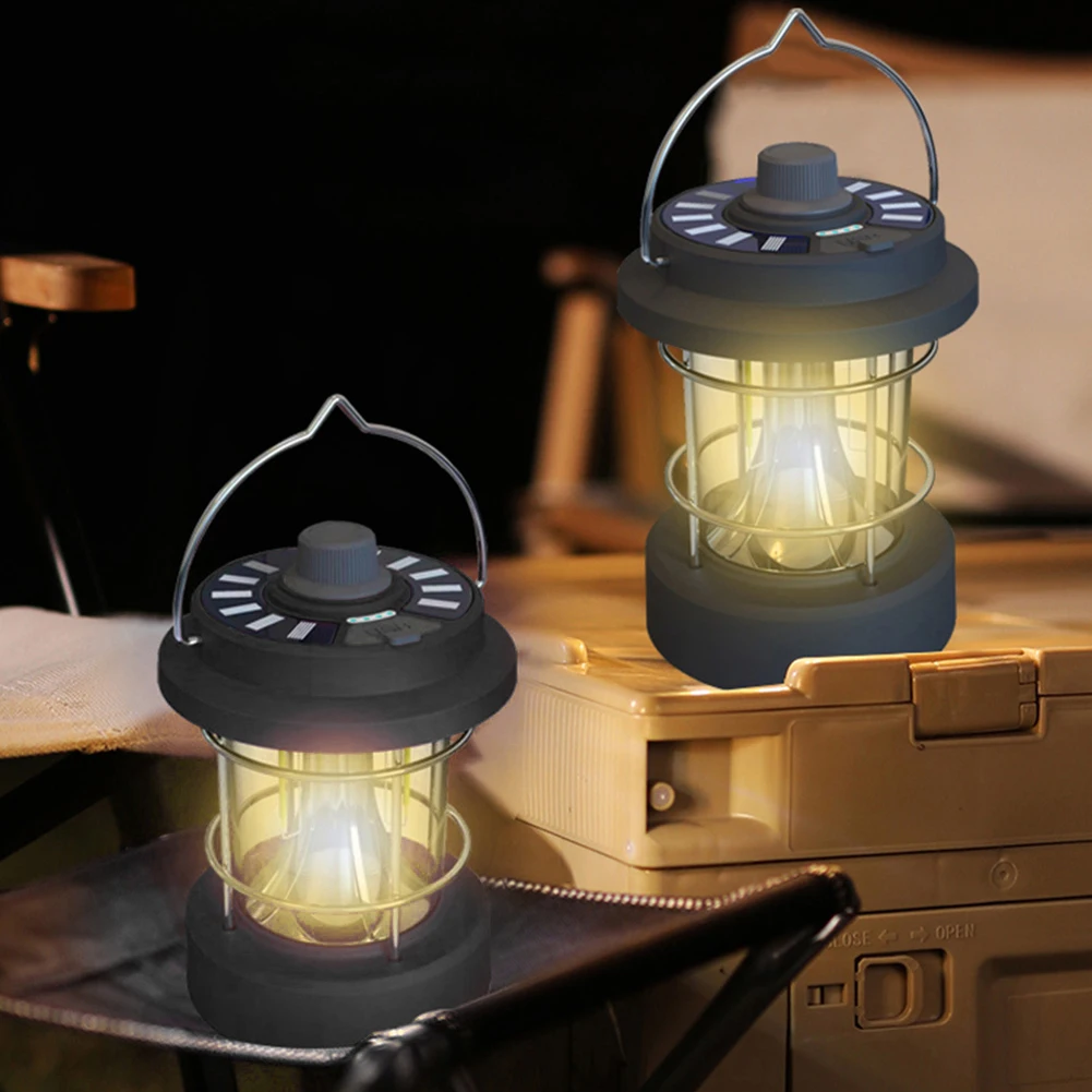 

Vintage Tent Lighting Stepless Dimming Rechargeable Camping Lantern Waterproof Solar Charging Light for Travel Hiking Emergency