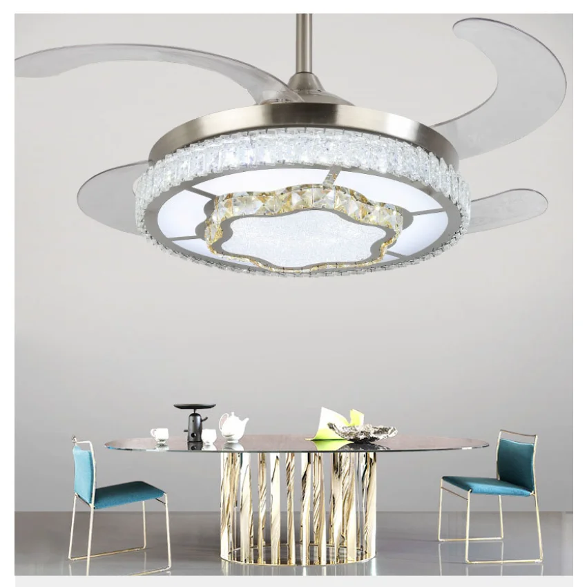 

Led Ceiling Fan Pendant Lamp Light Chandelier Modern and simple sand nickel tri-color chandelier 42 inch living luxury crystal