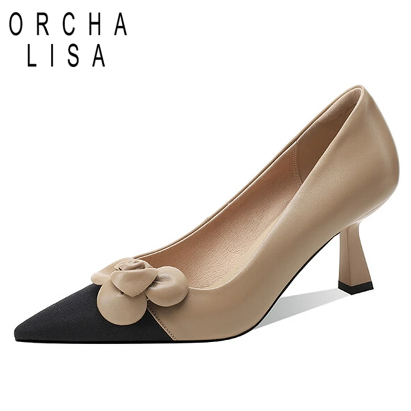 

ORCHA LISA New Women's Pumps Pointed Toe Cone Heels Genuine Leather Flower Appliques Big Size 34-39 Beige Apricot Spring S3127