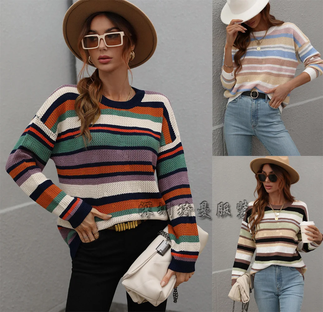 

2022 new sweater autumn and winter temperament round neck pullover striped sweater intercolor sweater women