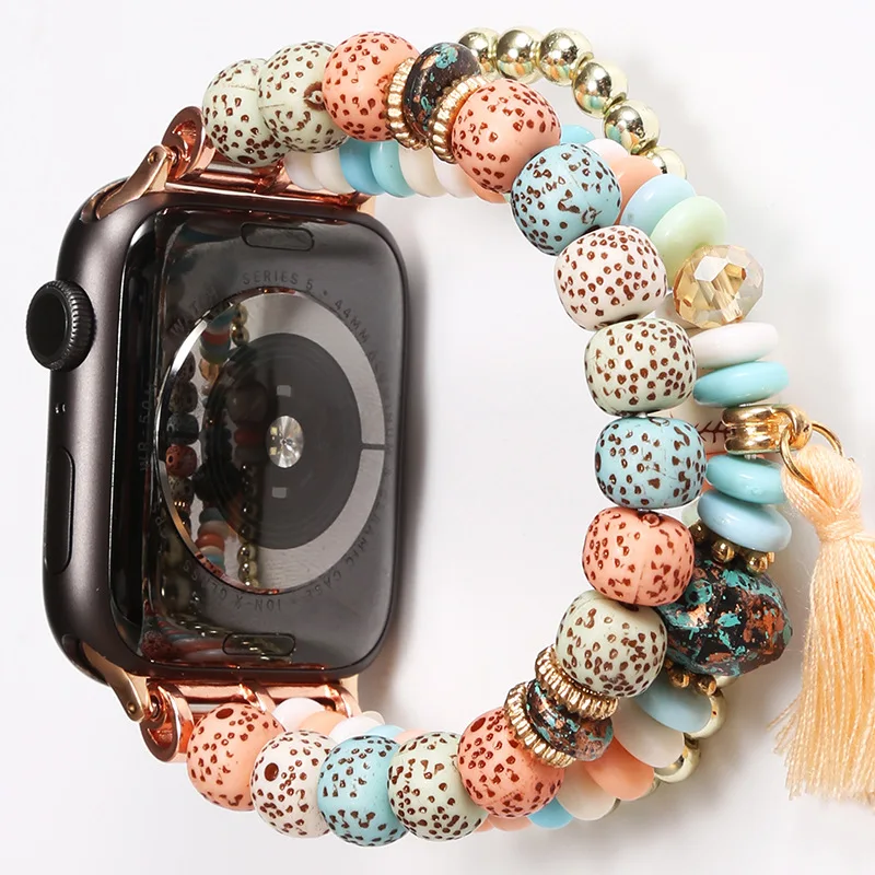 

Ремешок в богемном стиле для Apple Watch Band, резиновый браслет для ювелирных изделий iwatch Ultra Series 7 6 5 4 3 Se 8, 41 мм 40 мм 38 мм 44 мм 45 мм 49 мм 42 мм