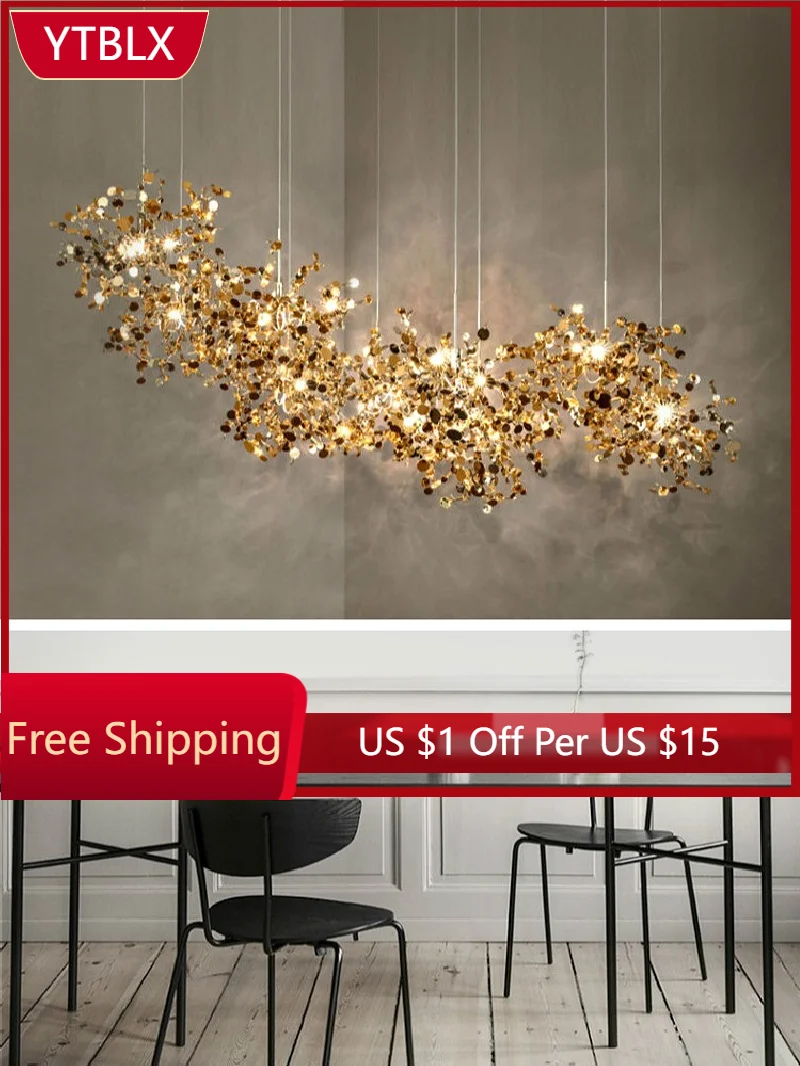 

Nordic Modern Personality Stainless Steel Chrome Leaf LED Chandelier Living Room Lamp Bar Table Lamp Dining Room Chandelier