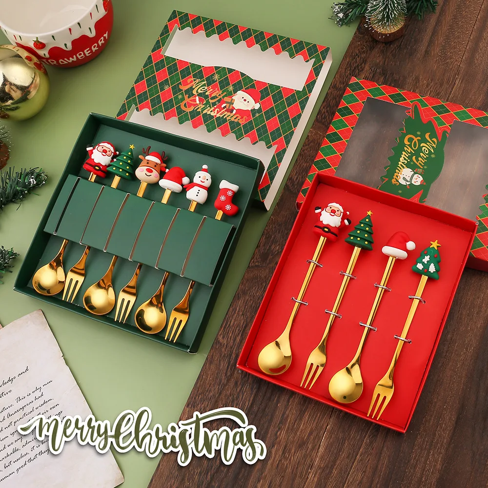 

6Pcs Christmas Spoon Fork Set Elk Christmas Tree Tableware Stainless Steel Coffee Spoon Tea Spoon Dessert Scoop Xmas Decor Gift