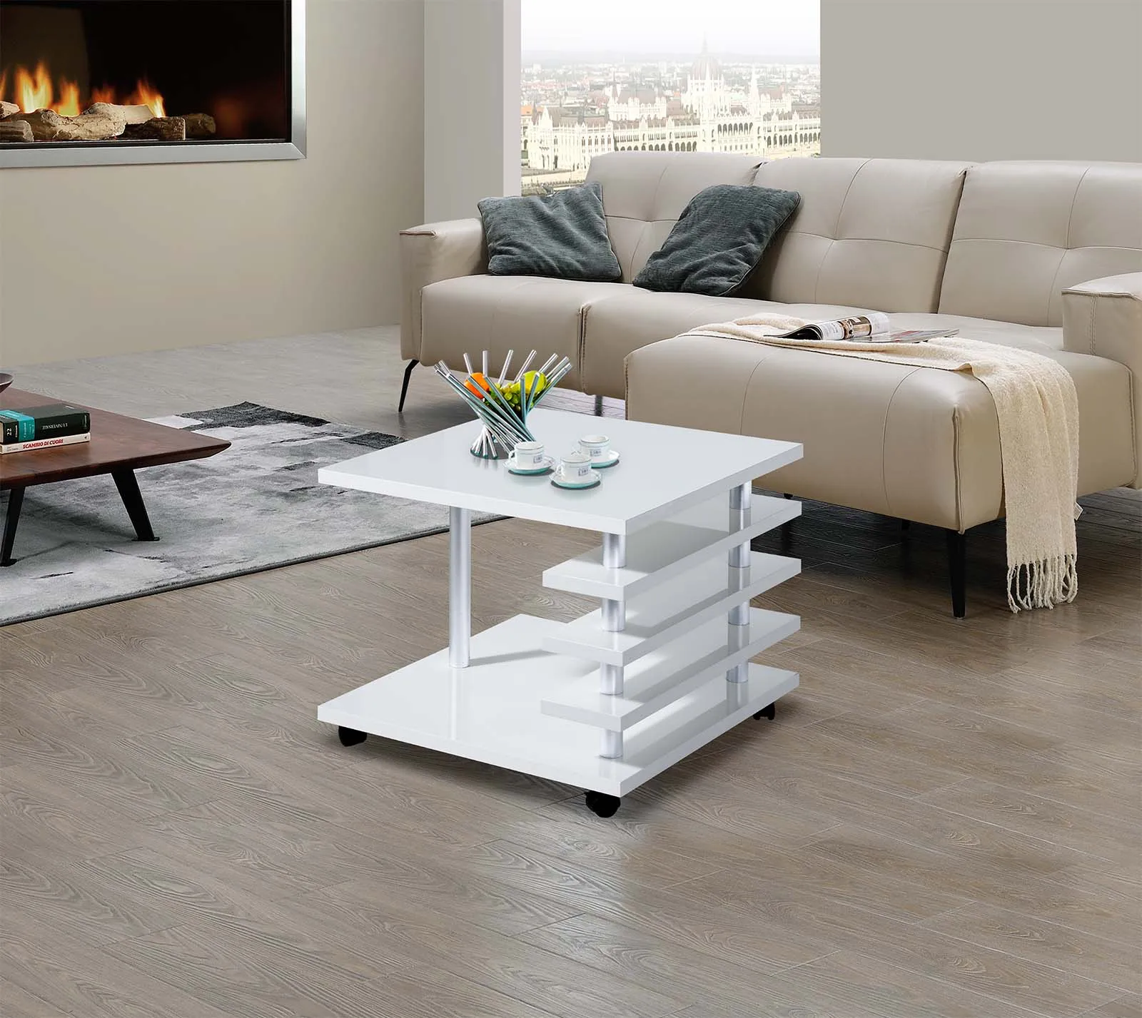 

Mobile white coffee table with 4 swivel wheels with LED light, high-gloss modern coffee table for living room, hotel, bar, club.
