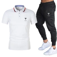 hot sale new summer polo shirts pants tesla printing set casual fitness jogger pants t shirt high quality fashion mens suit