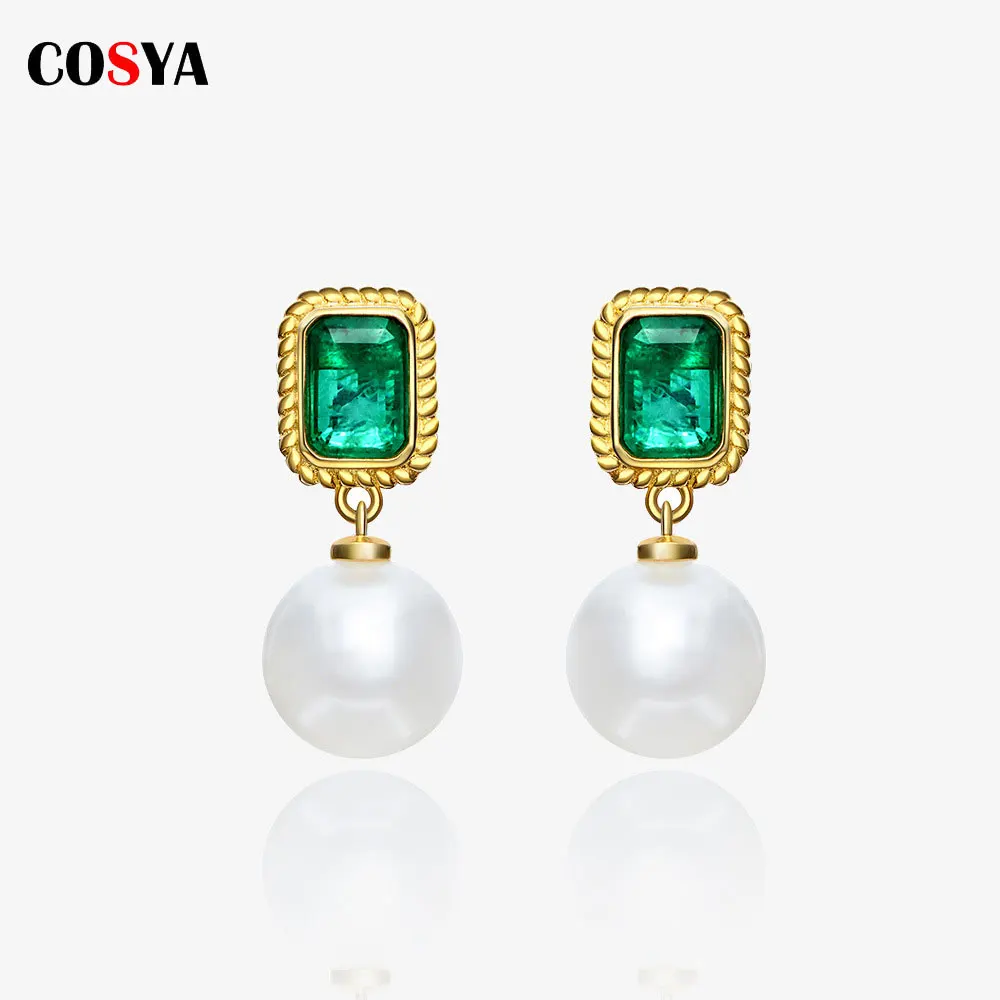 

COSYA 925 Sterling Silver Stud Earrings Women 1 Carat Bead Emerald High Carbon Diamond Earrings for Women Party Fine Jewelry