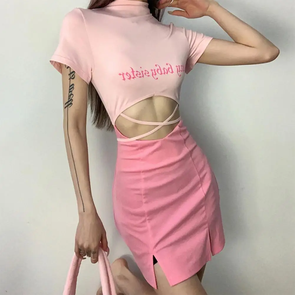 

Beautiful T-shirt Dress Hollow Out Breathable Bodycon Dress T-shirt Mini Skirt Splicing Women Bodycon Dress