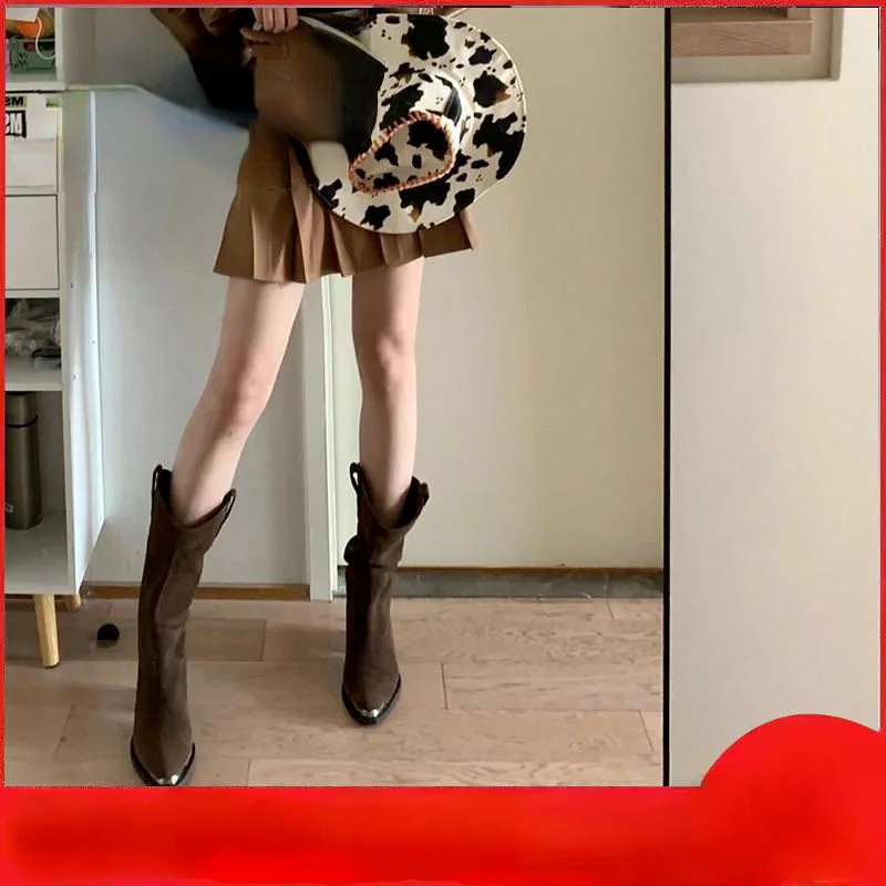 Western Boots Women's Thick Heel Metal Pointed Toe 2022 Autumn and Winter New Piledui Boots V-mouth Boots Retro Cowboy Boots