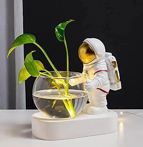 

Planter, Spaceman Glass Vase，Astronaut Resin Hydroponics Flower Vases，Led Light Nordic Modern Succulent Flower Pot Creative