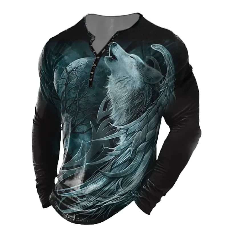 

Vintage Men's T Shirt 3D Animal Printed Long Sleeve Tops Casual Street Wolf/Lion T-shirts For Men Clothing Oversized Man Tees