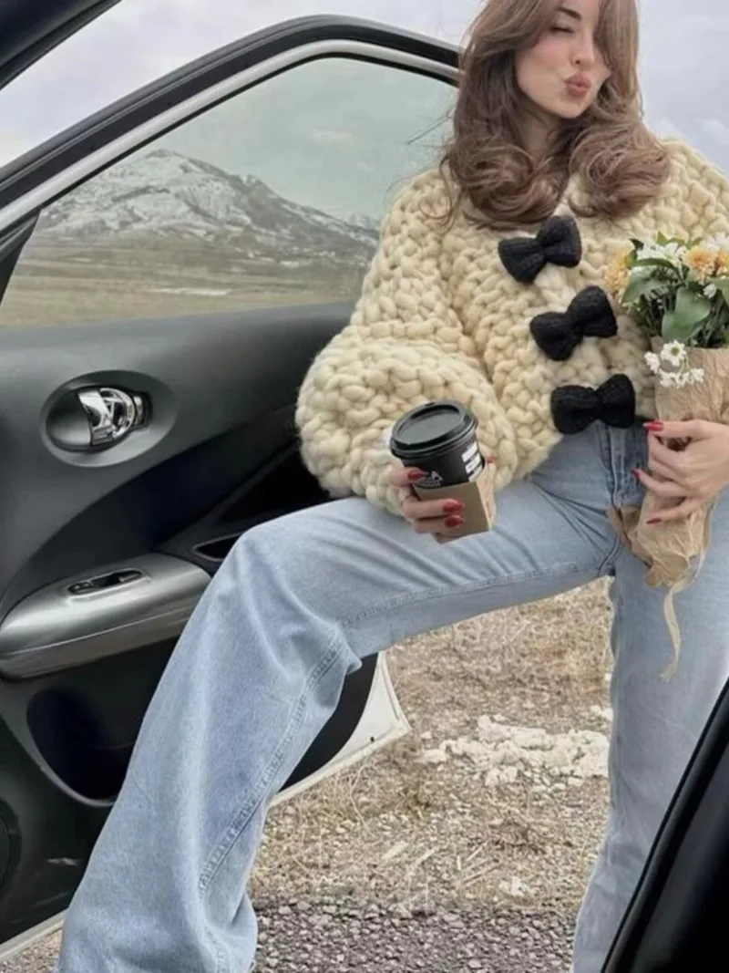 Популярный во французском стиле топ с длинными рукавами и бантом трикотаж