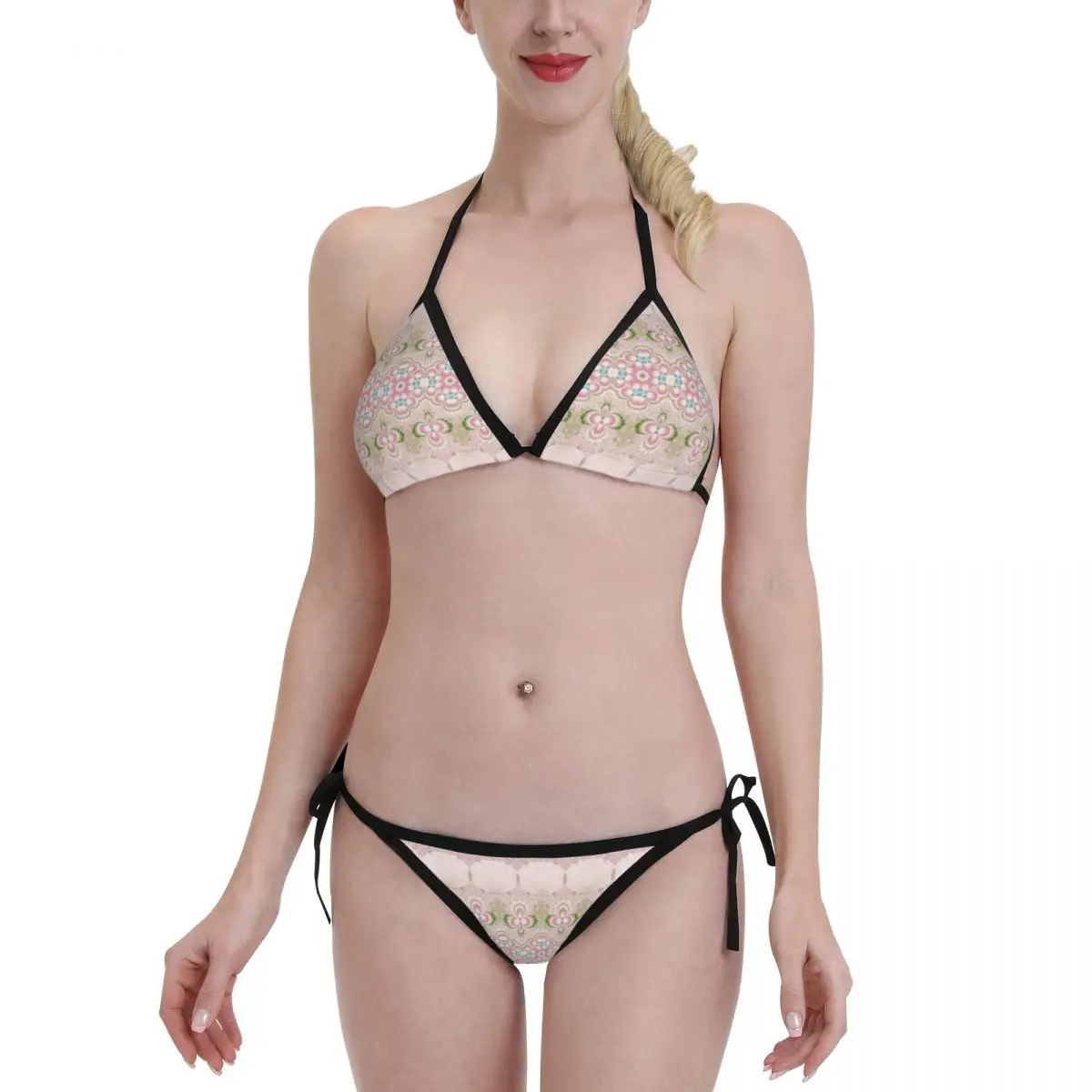 

Boho Pink Floral Pattern Bohemian Sexy Bikini Sets 2022 New Halter Swimsuit Women Bather Swimming Suit Summer Biquini XXL