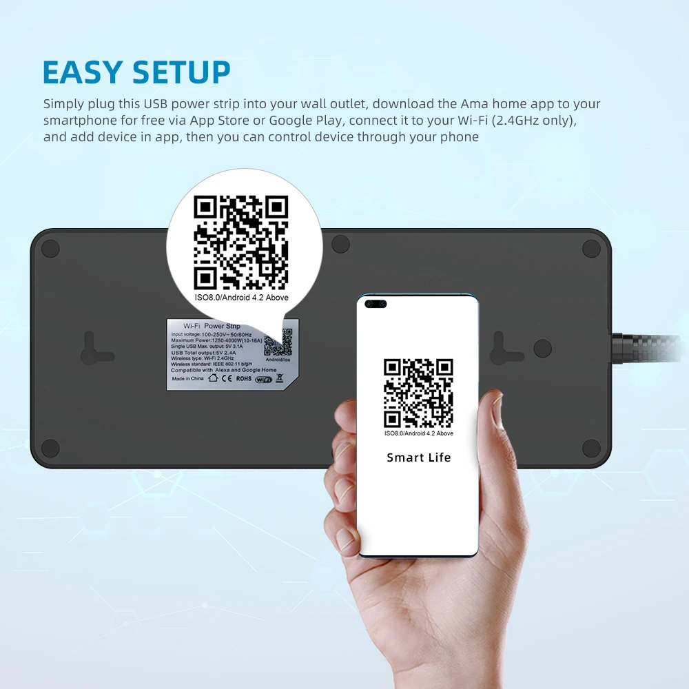 Умная розетка Power Strip с Wi-Fi Smart Wifi Tuya, 6 розеток для Великобритании, 4 USB-порта, 2,4 / 5 ГГц, зарядное устройство, с функцией таймера, управление по Bluetooth, совместимость с Alexa и Google Home.