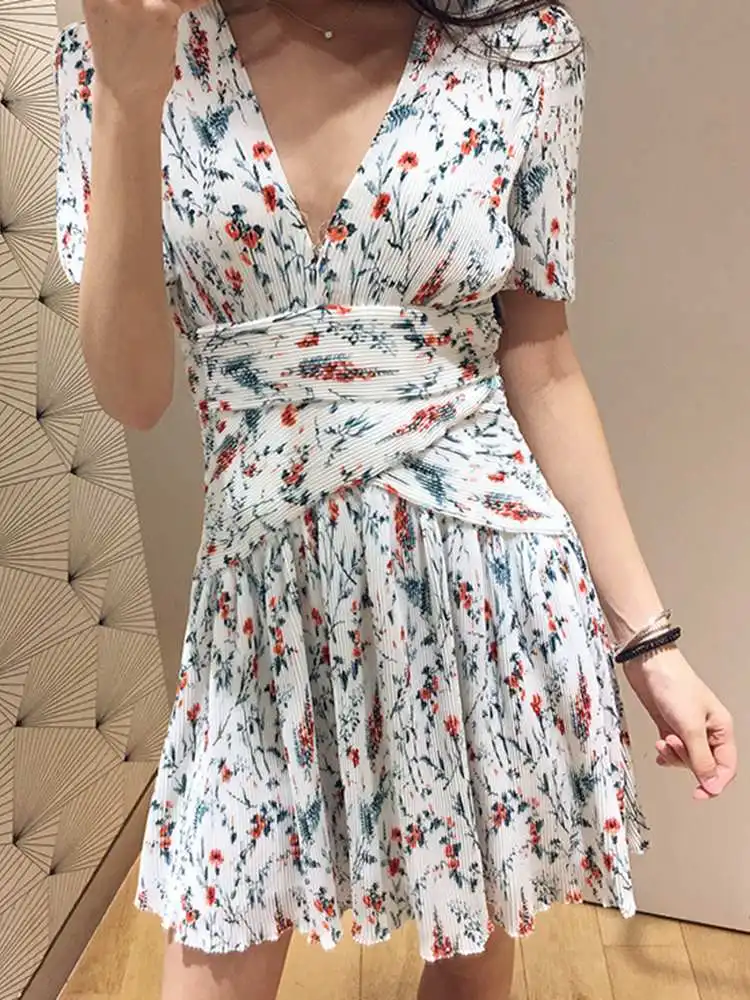 

Spring and Summer New Color Contrast Print Waist Deep V-neck Short-sleeved Dress Women Mini Dress