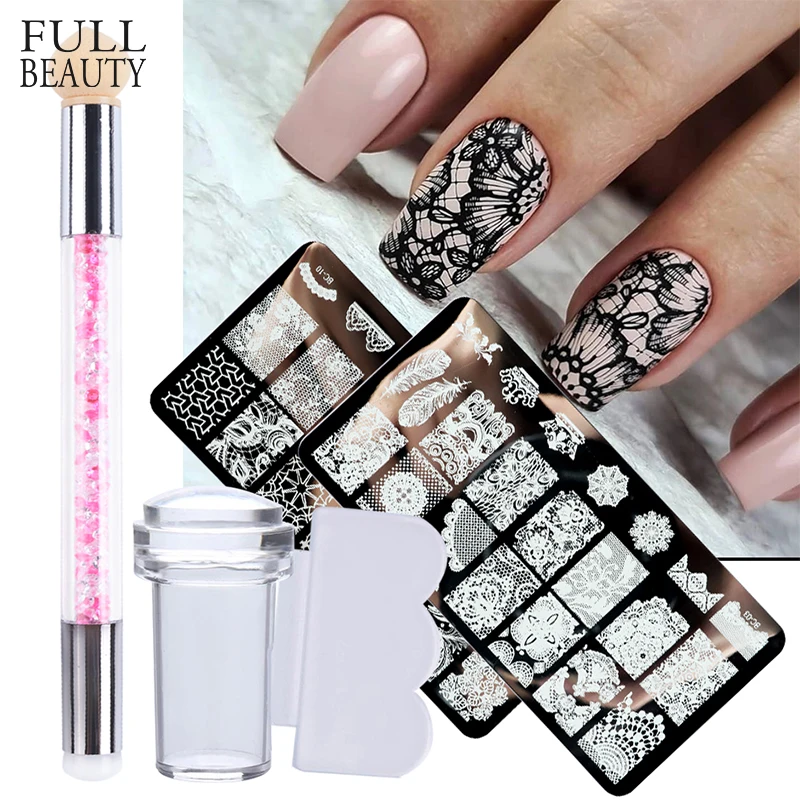 4pcs/set Lace Stamping Plates Nail Stamper Scraper Brush Kits Flower Leaf Nail Design Silicone French Nail Mold Template CHBC