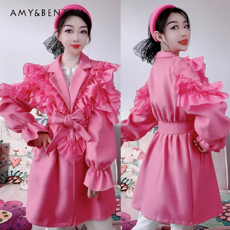 Spring New Long Woolen Coats Rose Pink Heavy Industry Ruffled Wooden Ear Flower Woolen Cloth Overcoat Designer Model Wool Jacket