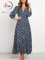 Women Summer Elegant Floral Print Maxi Dress 2022 Boho Three Quarter Sleeve V Neck Casual Office Long Dress Beach Robe Tunic